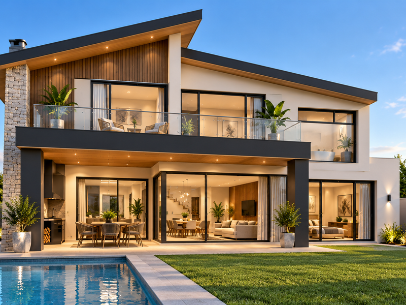 A modern two-story residence featuring a swimming pool, expansive sliding glass doors, a spacious balcony with glass balustrades, and contemporary stone and timber finishes.