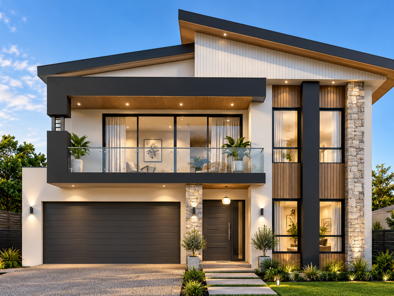A modern two-story residential facade featuring a double garage, upper-level balcony with glass balustrade, and a mix of stone and timber architectural finishes.