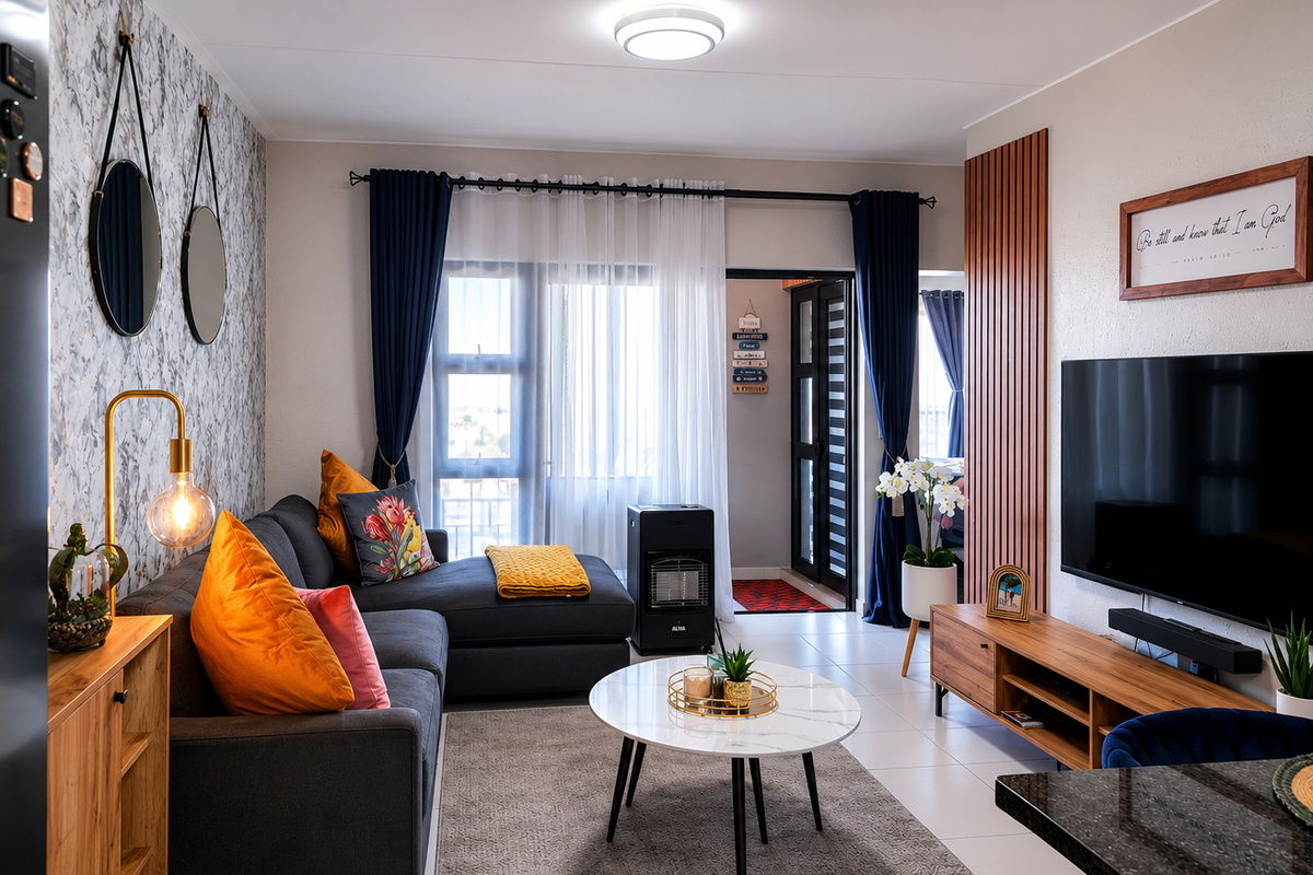 A well-maintained living room featuring tiled floors, a decorative timber slat feature wall, and direct access to a balcony through sliding glass doors.