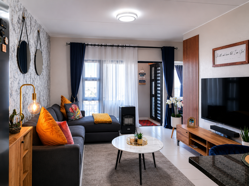 A well-maintained living room featuring tiled floors, a decorative timber slat feature wall, and direct access to a balcony through sliding glass doors.