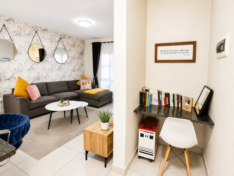 An open-plan living area featuring a dedicated built-in desk nook with granite countertop, tiled flooring, and a stylish wallpapered feature wall.