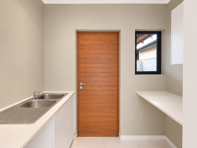 A clean and modern scullery featuring a stainless steel double sink, stone countertops, ample built-in cabinetry, and neutral tiled flooring.