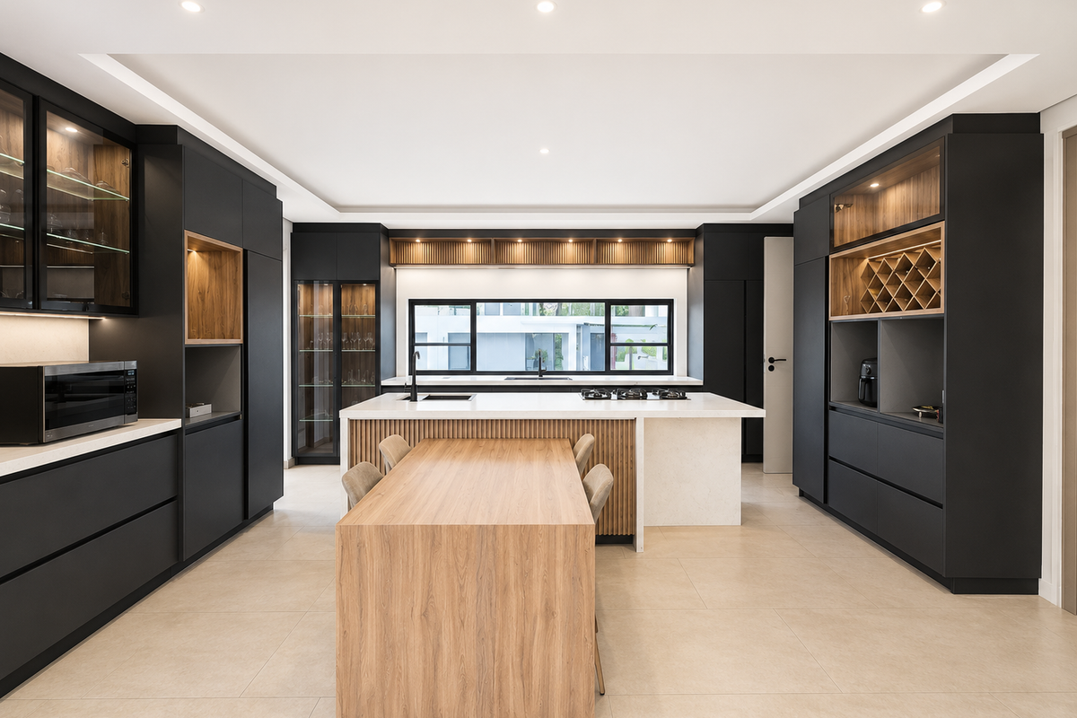 Modern, high-end kitchen featuring dark cabinetry, a central island with integrated dining, stone countertops, and premium built-in appliances.