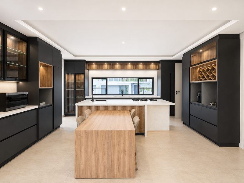 Modern, high-end kitchen featuring dark cabinetry, a central island with integrated dining, stone countertops, and premium built-in appliances.