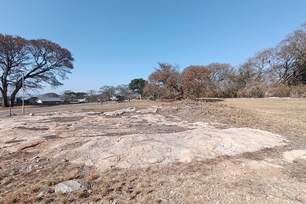 A vacant residential plot featuring natural rocky terrain and mature trees, offering a clear view of the surrounding neighborhood and street access.