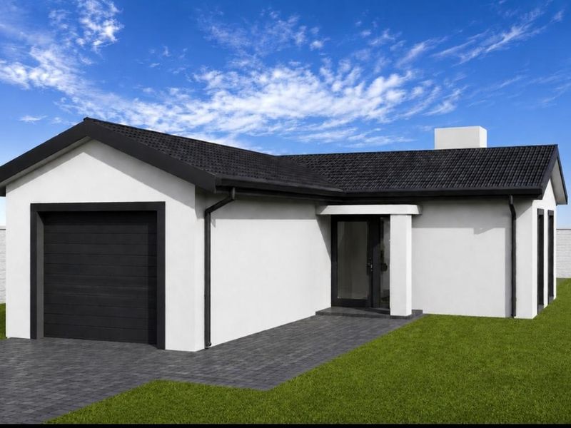 A modern single-story house exterior featuring a clean white facade, dark roof tiles, a single garage, and a paved entrance path.