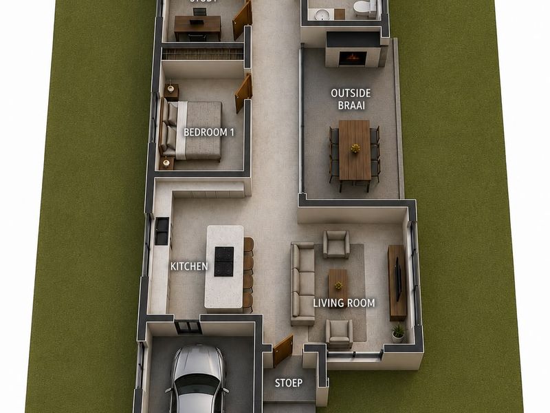 A detailed 3D floor plan showing the layout of a house including bedrooms, kitchen, living area, garage, and outdoor braai space.