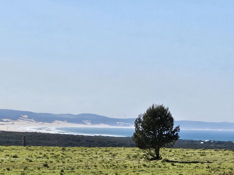A scenic view of the coastal landscape featuring rolling hills, dunes, and the ocean horizon from the vacant residential land.