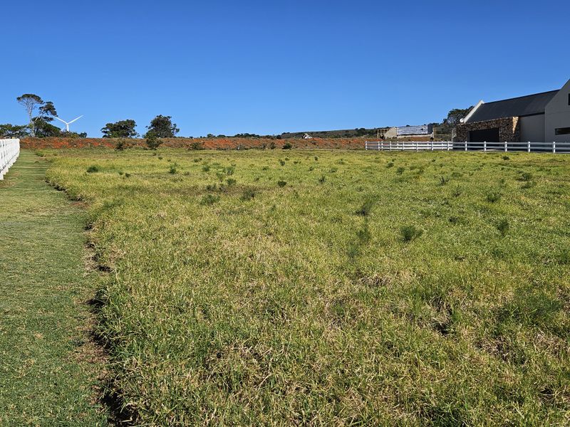 A view of a vacant residential plot featuring a well-maintained grass lawn and white perimeter fencing under a clear blue sky.