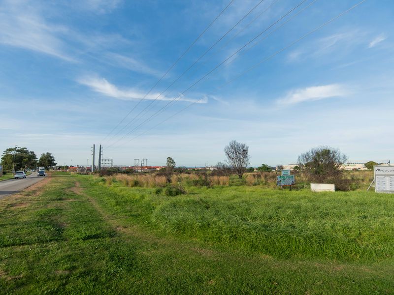 A view of the vacant residential land parcel adjacent to a paved road, featuring open grass areas and overhead power lines.