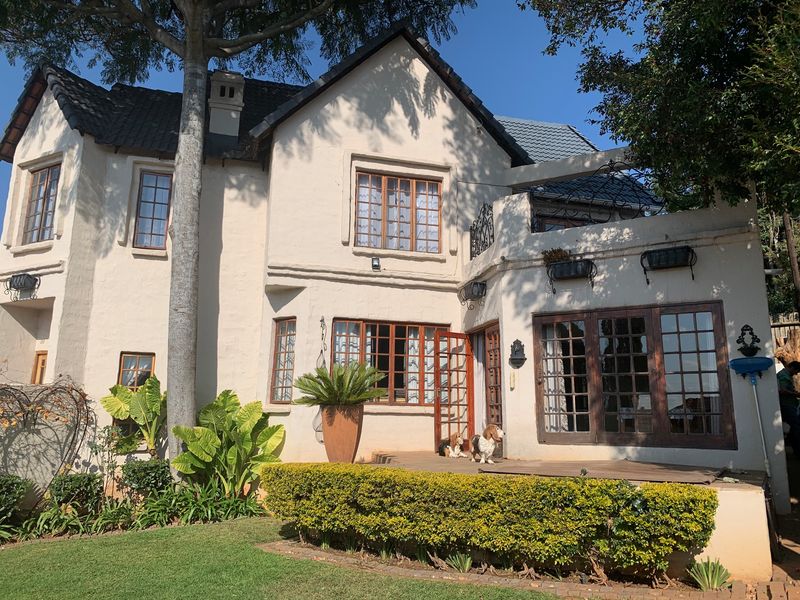 Rear elevation of a two-story duet property featuring a raised patio, timber-framed windows, and a well-maintained garden area.