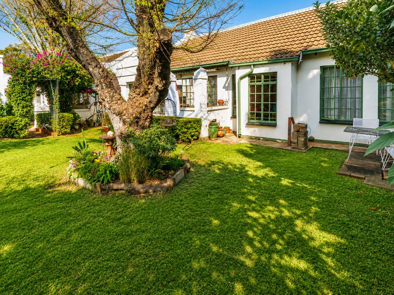 A well-maintained rear garden featuring a lush lawn, mature tree, and the rear elevation of the residence with classic casement windows.