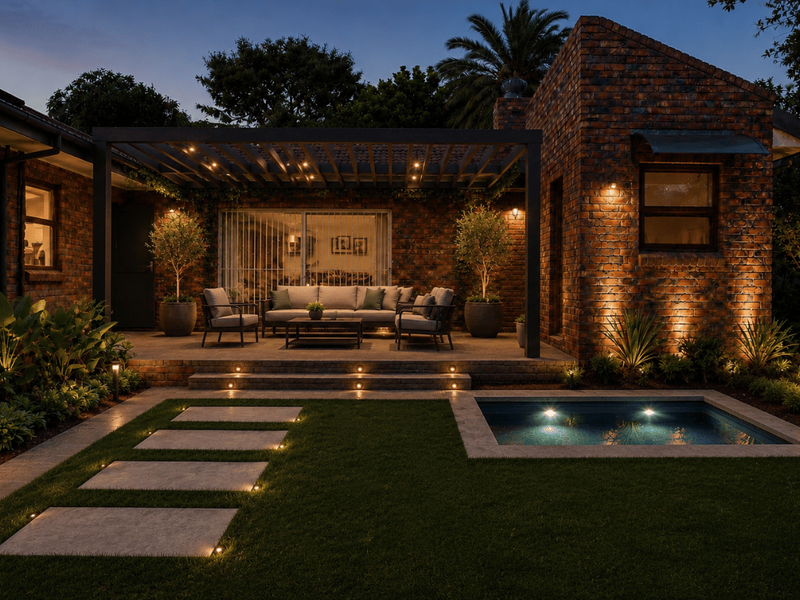 A beautifully illuminated rear patio area featuring exposed brickwork, a modern pergola, and a private swimming pool set within a landscaped garden.