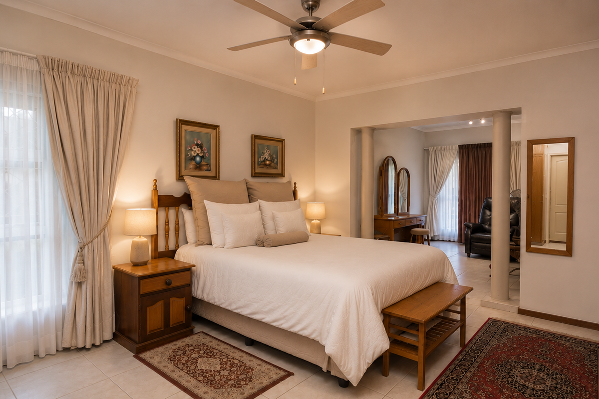 Spacious bedroom featuring tiled flooring, a ceiling fan, and built-in cupboards, with an adjoining dressing area separated by structural columns.