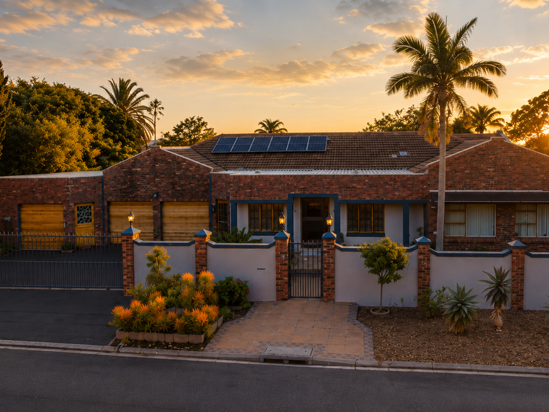 A well-maintained brick-faced residence featuring solar panels, a secure perimeter wall with gated access, and a paved front walkway at sunset.