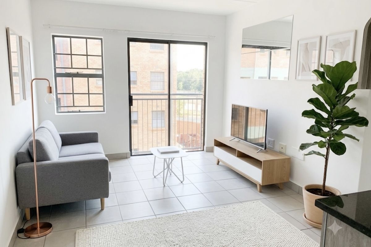 A bright and modern living room featuring tiled flooring, large windows, and a sliding glass door leading to a balcony.