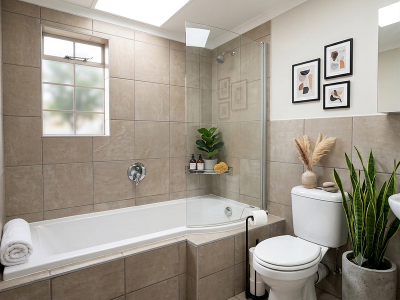 A well-maintained bathroom featuring a built-in bathtub with a glass shower screen, tiled walls, and a skylight for natural illumination.