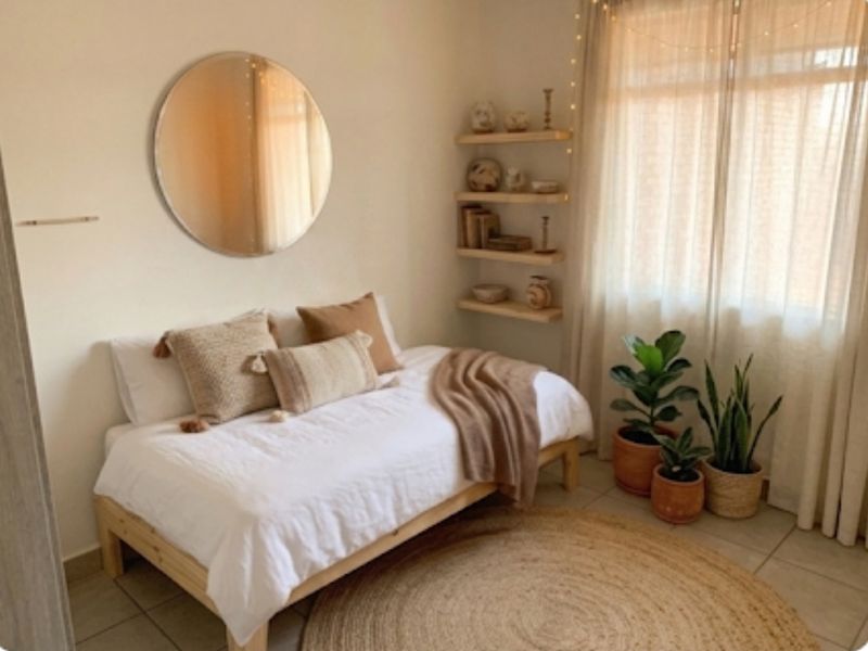 A cozy bedroom featuring tiled flooring and built-in floating wall shelves, providing a warm and inviting atmosphere.