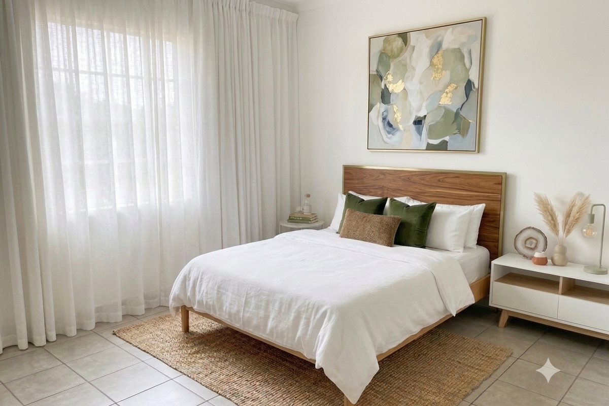 A bright and well-maintained bedroom featuring neutral tiled flooring and large windows with floor-to-ceiling curtains, creating a clean and inviting atmosphere.