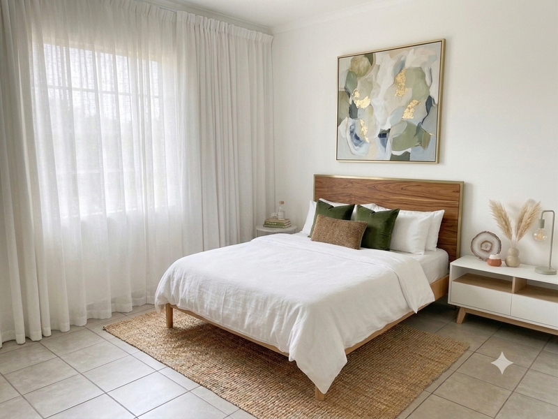 A bright and well-maintained bedroom featuring neutral tiled flooring and large windows with floor-to-ceiling curtains, creating a clean and inviting atmosphere.