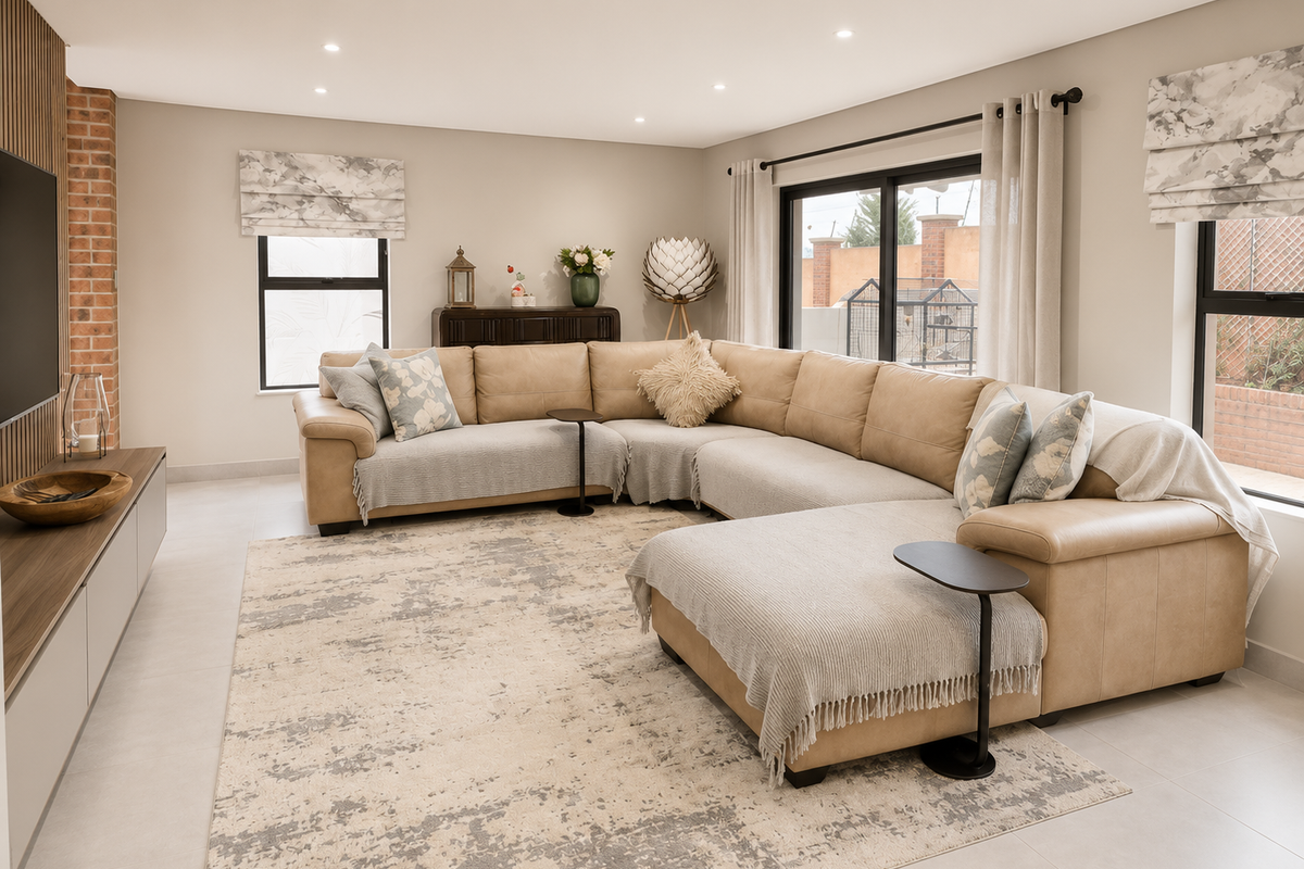 A well-maintained living room featuring a brick accent wall, built-in media console, tiled flooring, and large sliding glass doors leading to the exterior.