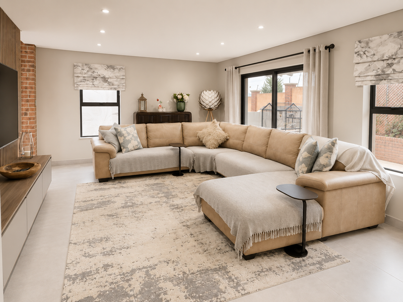 A well-maintained living room featuring a brick accent wall, built-in media console, tiled flooring, and large sliding glass doors leading to the exterior.