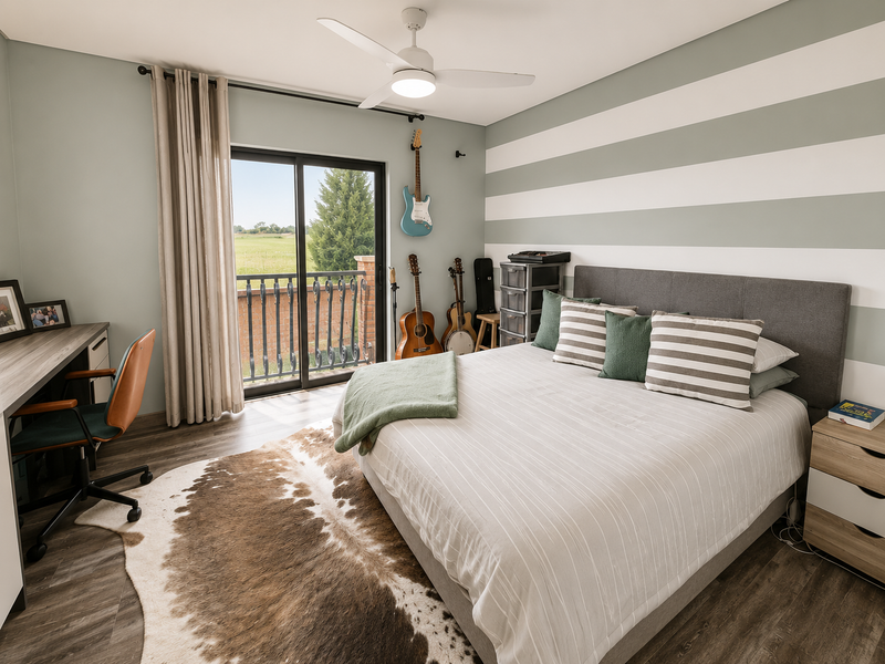 A well-maintained bedroom featuring laminate flooring, a ceiling fan, and a sliding glass door leading to a balcony with wrought iron railings.