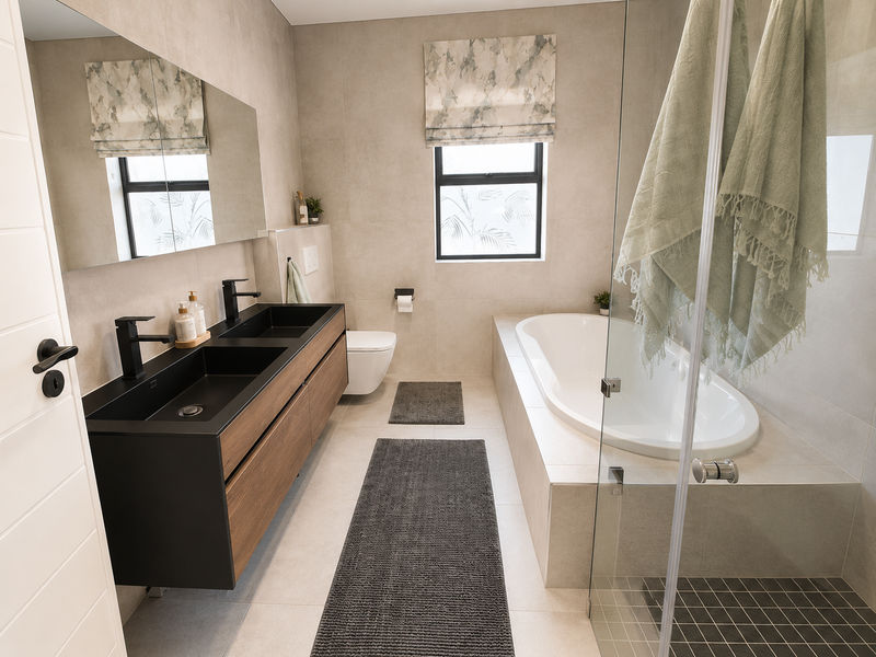 Modern bathroom featuring a double vanity with black matte faucets, a wall-mounted toilet, a built-in bathtub, and a separate glass-enclosed shower.