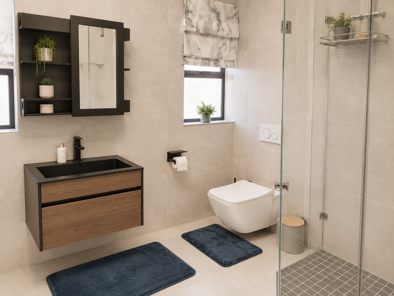 Modern bathroom featuring a wall-mounted vanity with integrated basin, wall-hung toilet, and a glass-enclosed shower with contemporary black fixtures and neutral wall tiling.