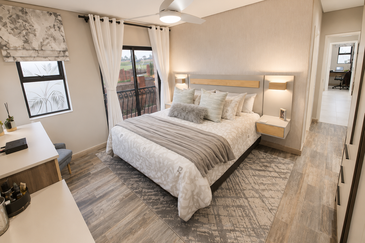 A well-appointed bedroom featuring modern laminate flooring, a built-in headboard with integrated floating nightstands, recessed lighting, and a sliding door leading to a balcony.