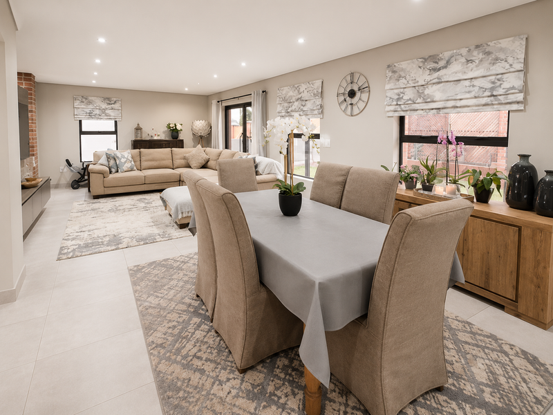 Spacious open-plan living and dining area featuring neutral tiled flooring, recessed lighting, and a warm exposed brick feature wall with large sliding door access.