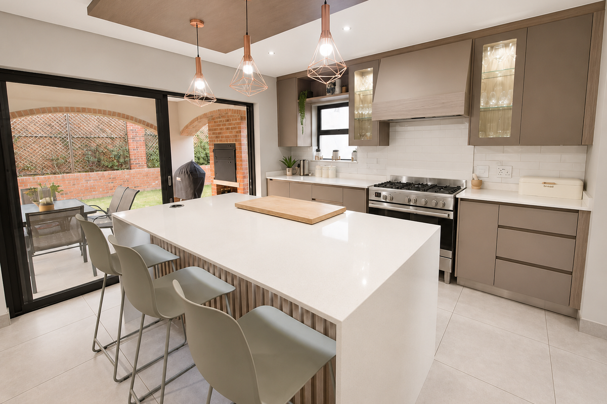 Modern kitchen featuring a large quartz island, gas range, sleek cabinetry, and seamless indoor-outdoor flow to the patio through sliding glass doors.
