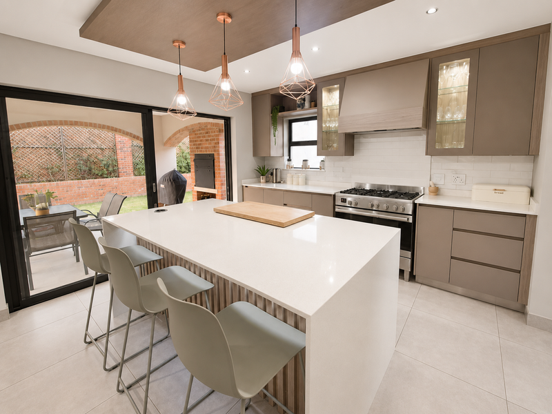 Modern kitchen featuring a large quartz island, gas range, sleek cabinetry, and seamless indoor-outdoor flow to the patio through sliding glass doors.