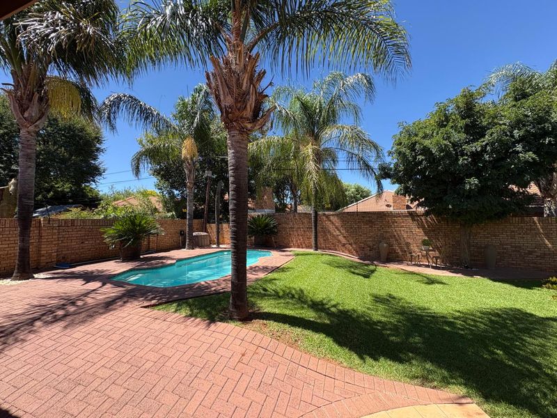 A well-maintained backyard featuring a swimming pool, paved patio area, lush green lawn, and established palm trees enclosed by a brick boundary wall.