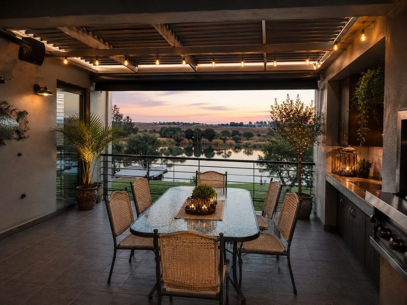 A beautifully appointed covered patio featuring a built-in outdoor kitchen, tiled flooring, and stunning sunset views over the lake.