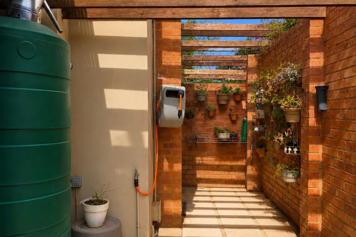 A well-maintained outdoor utility area featuring a timber pergola, exposed brick walls, tiled flooring, and a large water storage tank.