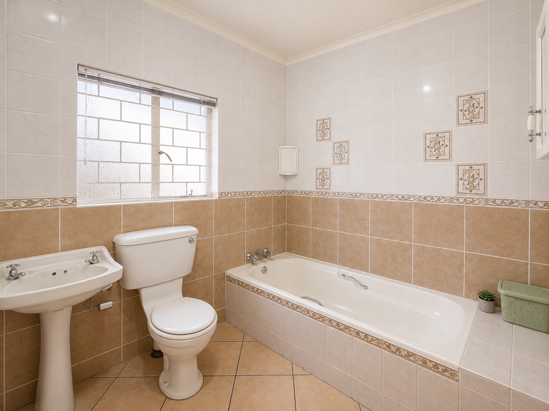A clean, functional bathroom featuring a pedestal basin, toilet, and a built-in bathtub with neutral wall and floor tiling.
