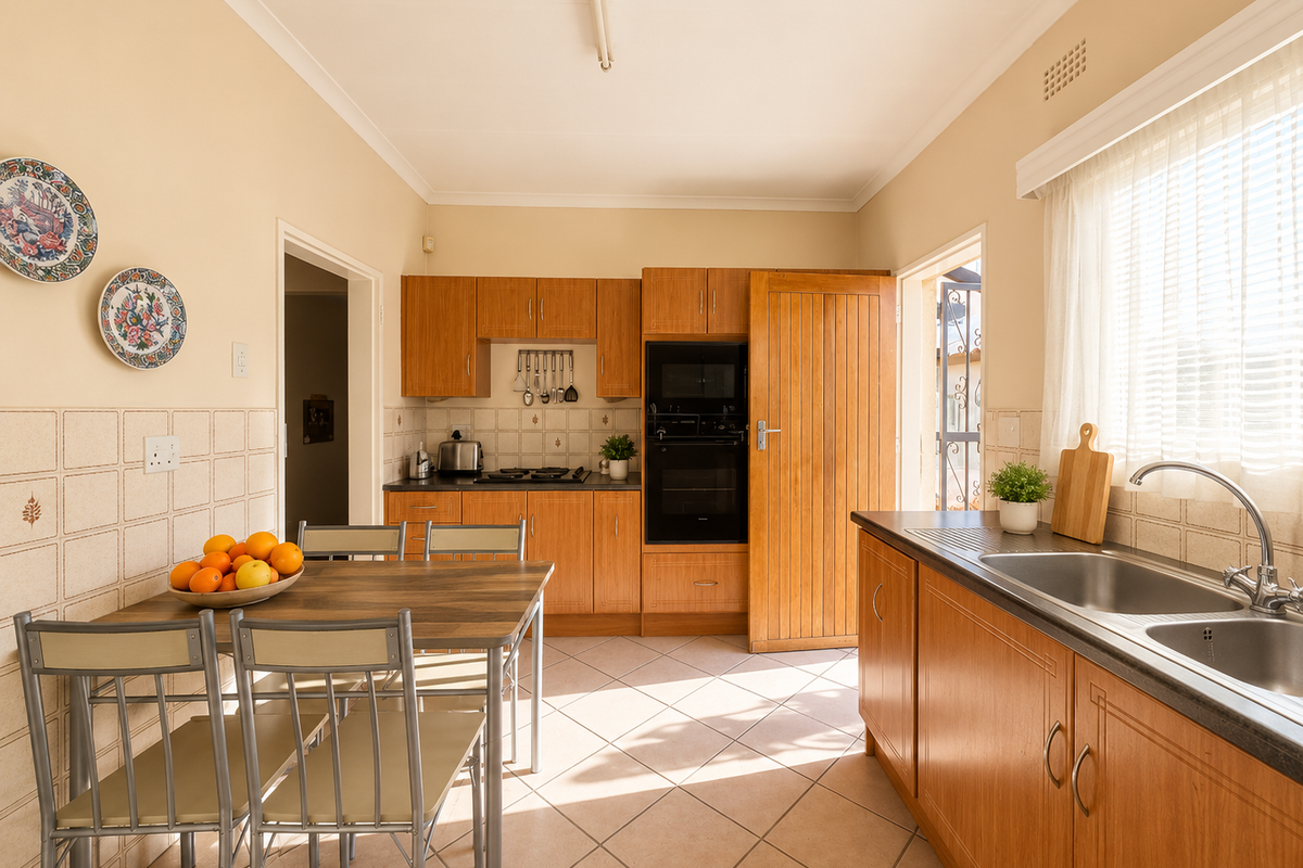 A functional kitchen featuring wooden cabinetry, built-in oven, hob, and a double stainless steel sink with tiled backsplash and flooring.