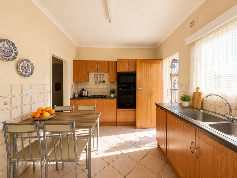 A functional kitchen featuring wooden cabinetry, built-in oven, hob, and a double stainless steel sink with tiled backsplash and flooring.