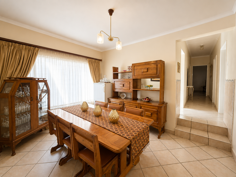 A traditional dining room featuring ceramic floor tiles, a coved ceiling, and a raised transition leading to the hallway.