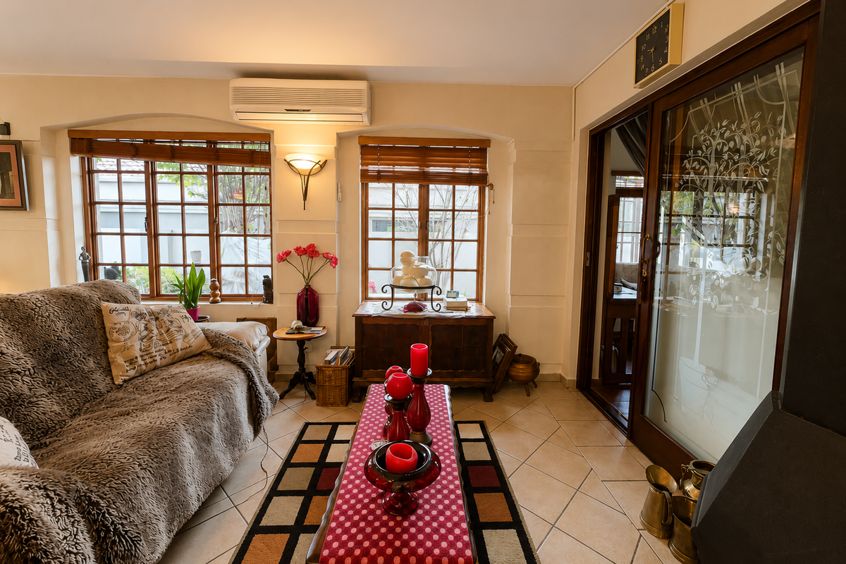 A cozy living room featuring tiled flooring, a split-system air conditioner, wood-framed windows, and a sliding glass door leading to an adjacent space.