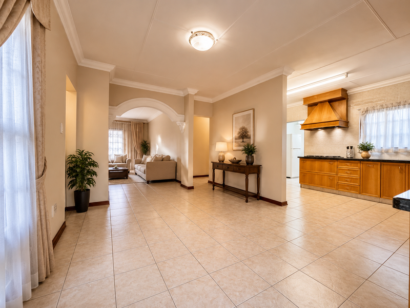 Spacious open-plan living and kitchen area featuring tiled flooring, traditional wooden cabinetry, and a decorative archway connecting the living room.
