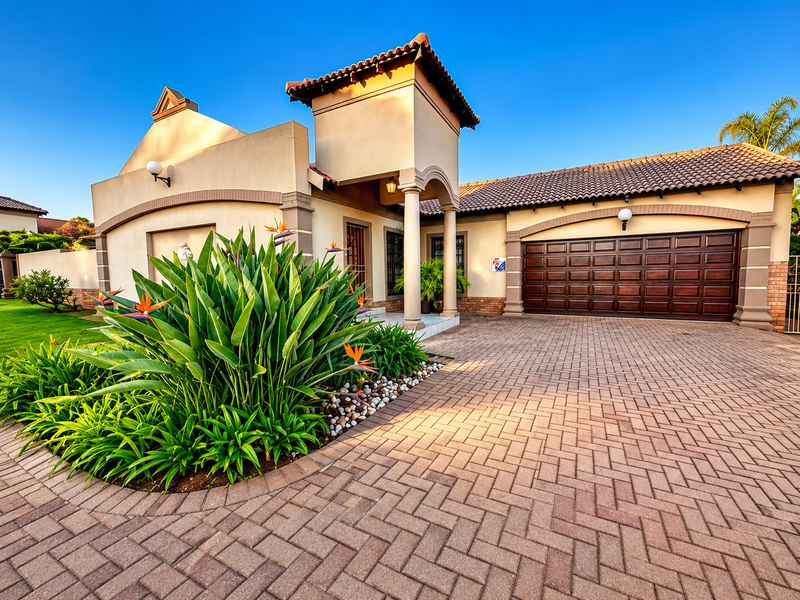 Well-maintained townhouse exterior featuring a paved driveway, double garage, and an inviting covered entrance with architectural columns.