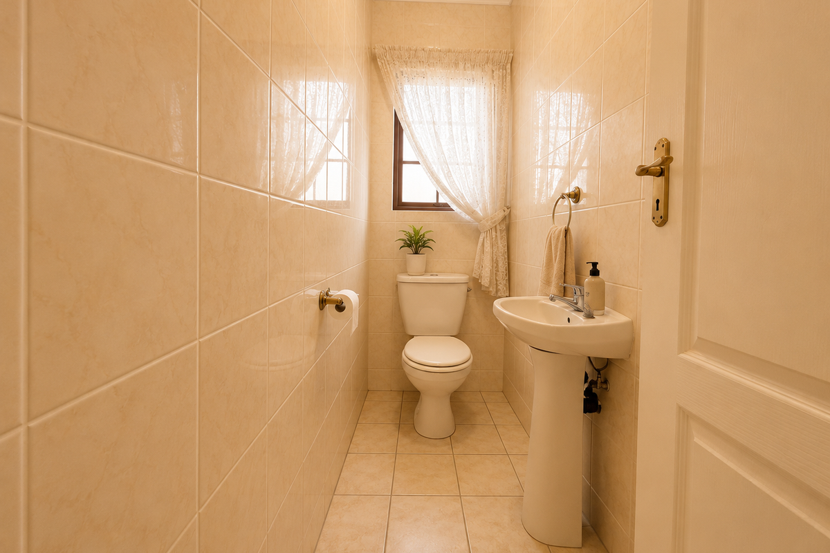 A compact guest bathroom featuring floor-to-ceiling ceramic tiling, a pedestal basin, and a standard toilet.