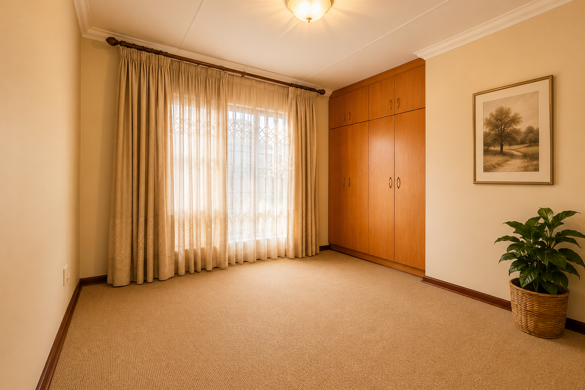 A clean, well-maintained bedroom featuring neutral carpeting, built-in wooden cupboards, and ample natural light through the window.