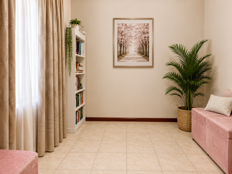 A well-maintained living area featuring neutral tiled flooring, clean wall finishes, and large windows dressed with floor-to-ceiling curtains.