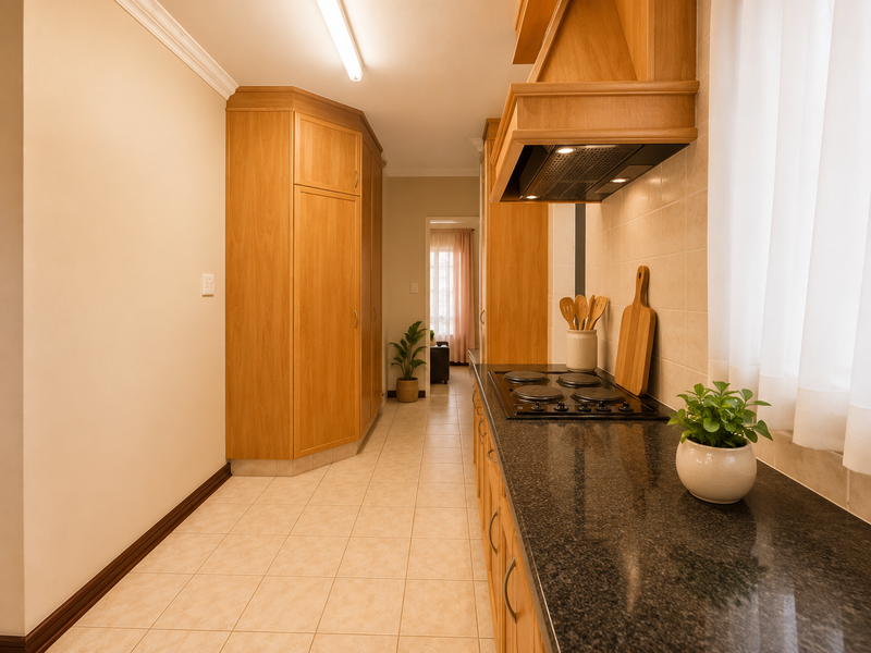 A functional kitchen featuring warm-toned wooden cabinetry, granite countertops, a built-in electric hob with extractor fan, and neutral tiled flooring.