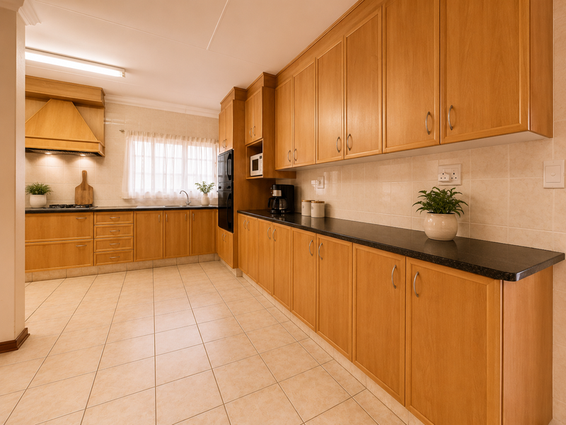 A functional kitchen featuring light wood cabinetry, dark laminate countertops, tiled backsplash, and built-in appliances, offering a clean and well-maintained workspace.