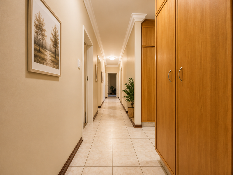 A well-maintained hallway featuring tiled flooring, crown molding, and extensive built-in wooden cabinetry for storage.