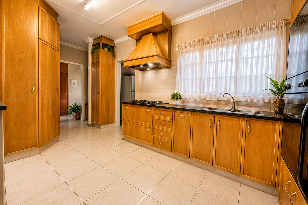 A functional kitchen featuring extensive wooden cabinetry, a gas hob with extractor fan, double sink, and built-in oven, finished with tiled flooring and backsplash.